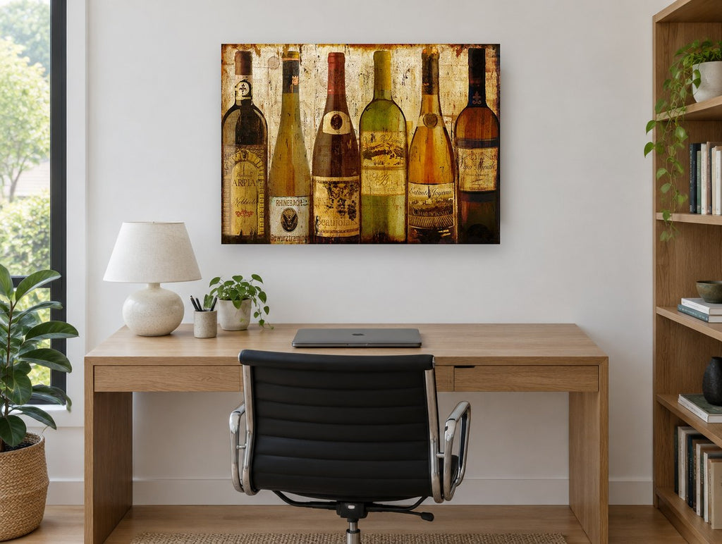 Six European Wine Bottles kitchen canvas print on the wall of a study