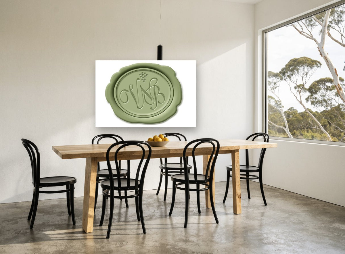 Sage Vine Seal kitchen canvas print on the wall of a dining room