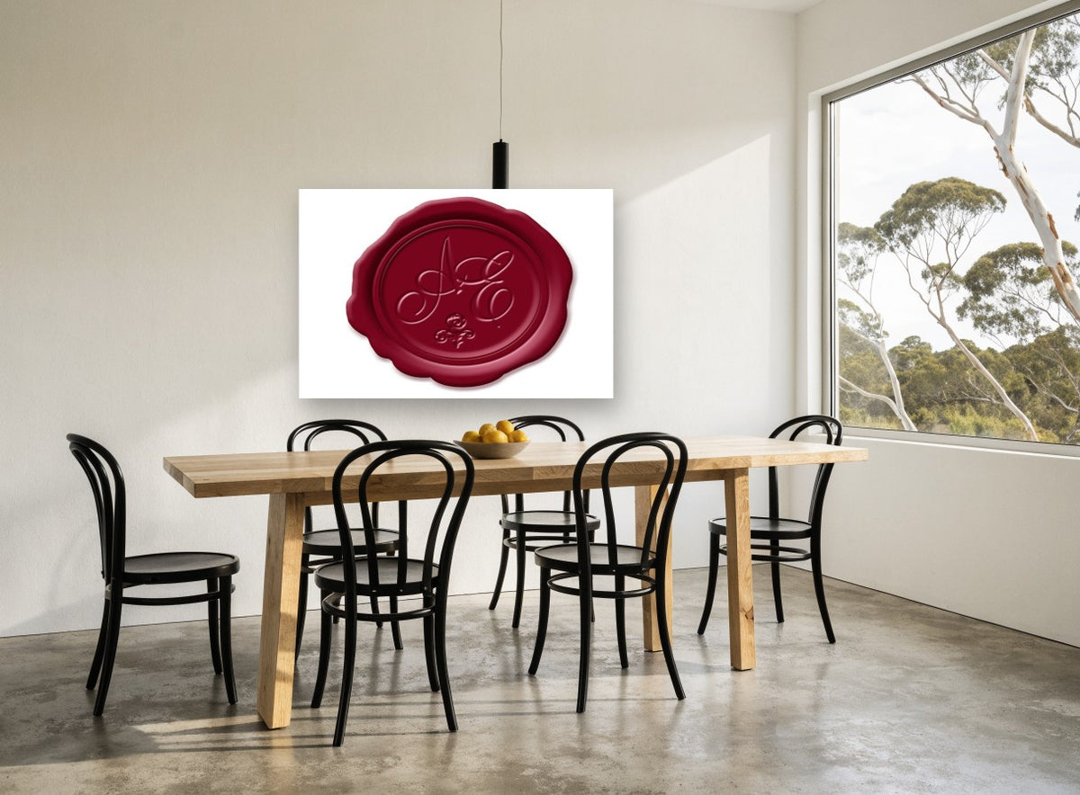 Burgundy Wax Seal kitchen canvas print on the wall of a dining room