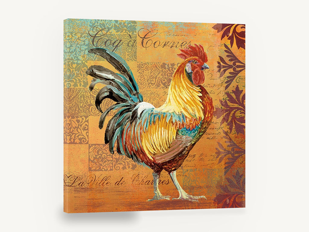 Chartres Rooster Patchwork, rooster illustration with patterned background, animal canvas wall art print ready to hang