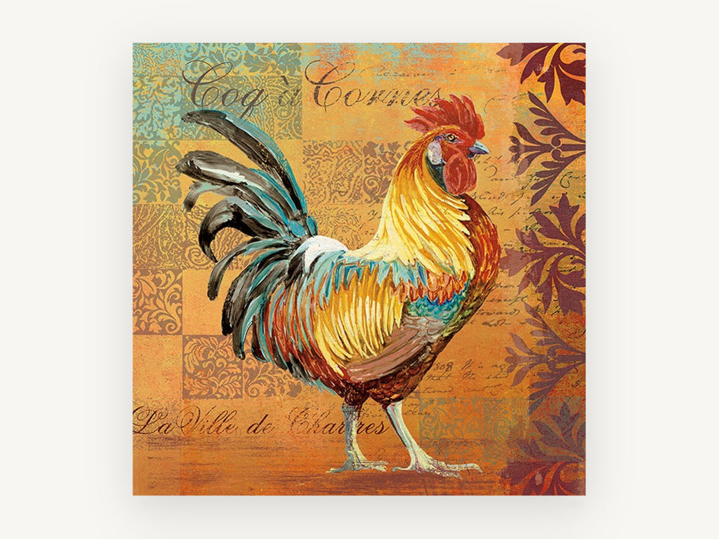 Chartres Rooster Patchwork, rooster illustration with patterned background, animal canvas wall art print, front view