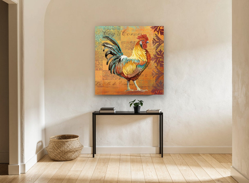 Chartres Rooster Patchwork animal canvas print on the wall of a hallway