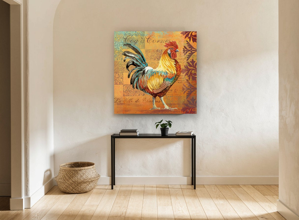 Chartres Rooster Patchwork animal canvas print on the wall of a hallway
