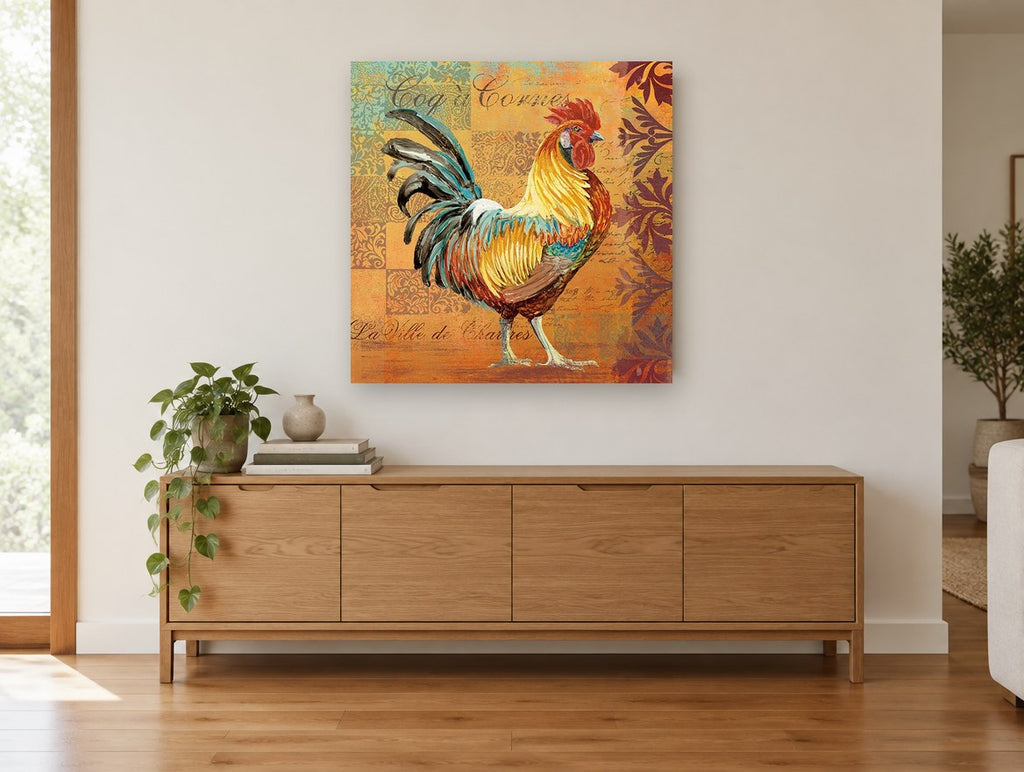 Chartres Rooster Patchwork animal canvas print on the wall of a living room above a sideboard
