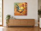 Chartres Rooster Patchwork animal canvas print on the wall of a living room above a sideboard