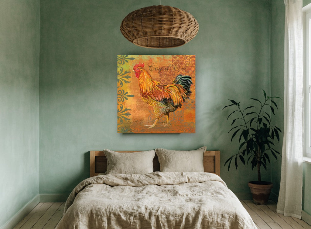 Amber Rooster Strut animal canvas print on the wall of a bedroom