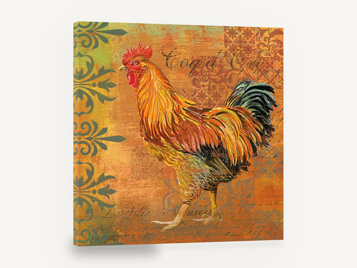 Amber Rooster Strut, rustic rooster illustration on orange, animal canvas wall art print ready to hang