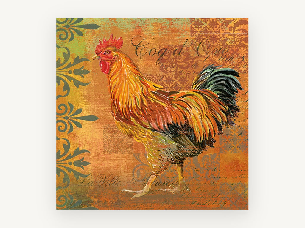 Amber Rooster Strut, rustic rooster illustration on orange, animal canvas wall art print, front view