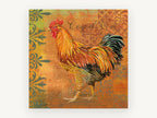 Amber Rooster Strut, rustic rooster illustration on orange, animal canvas wall art print, front view