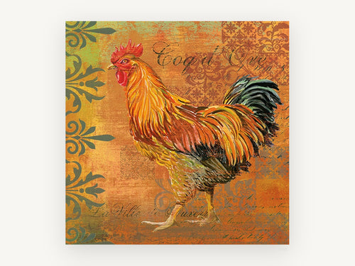 Amber Rooster Strut, rustic rooster illustration on orange, animal canvas wall art print, front view