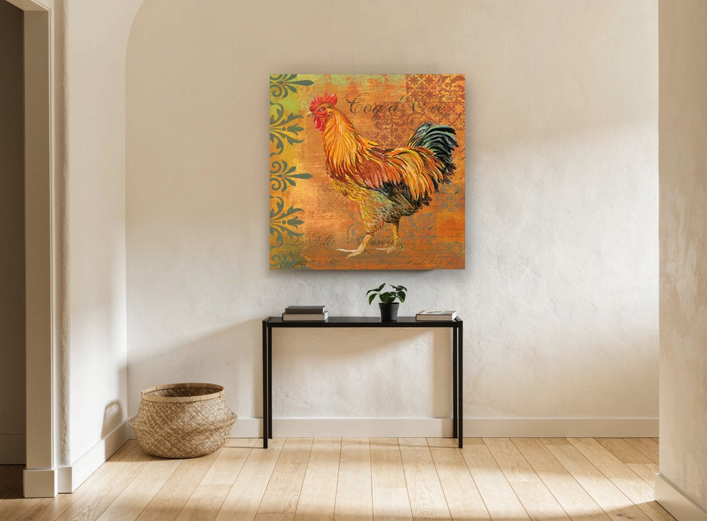 Amber Rooster Strut animal canvas print on the wall of a hallway