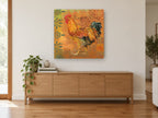 Amber Rooster Strut animal canvas print on the wall of a living room above a sideboard
