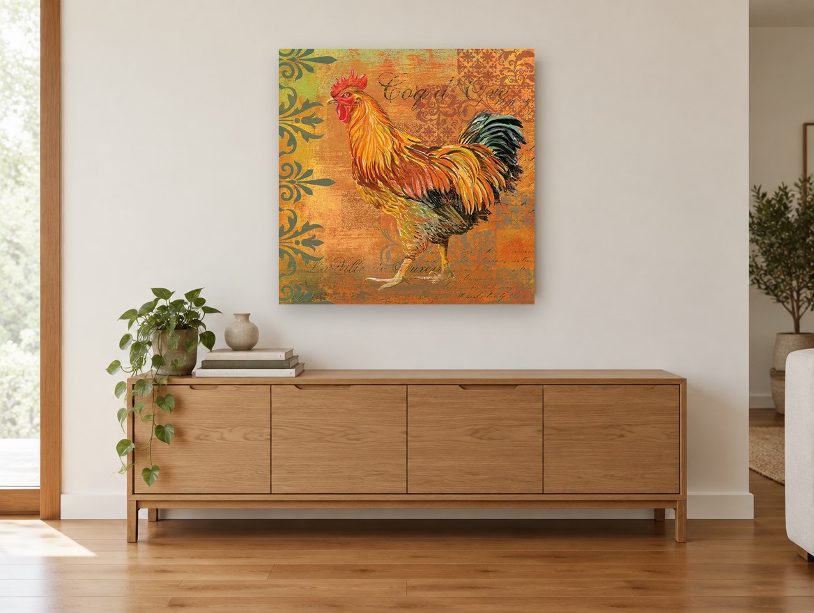 Amber Rooster Strut animal canvas print on the wall of a living room above a sideboard
