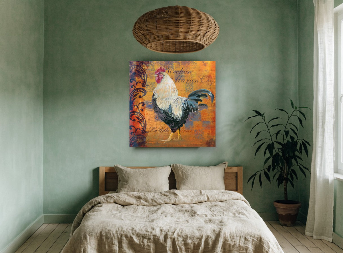 Rooster on Amber Script animal canvas print on the wall of a bedroom