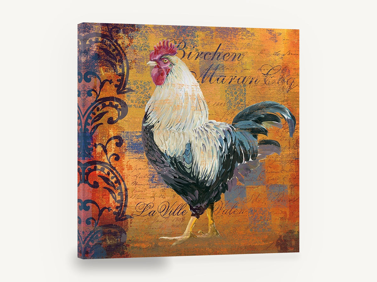 Rooster on Amber Script, rooster illustration with vintage script, animal canvas wall art print ready to hang