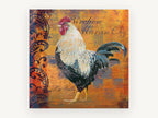 Rooster on Amber Script, rooster illustration with vintage script, animal canvas wall art print, front view
