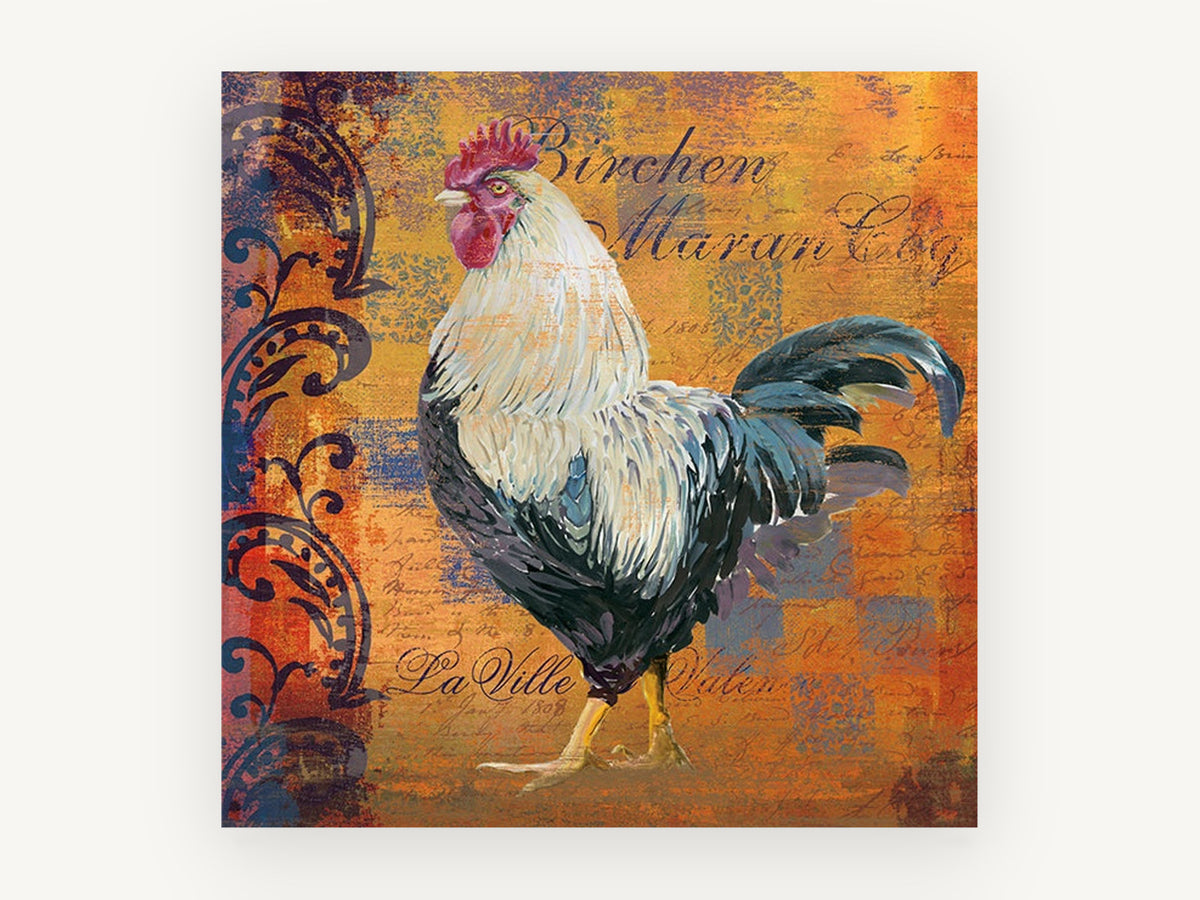 Rooster on Amber Script, rooster illustration with vintage script, animal canvas wall art print, front view