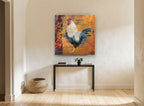 Rooster on Amber Script animal canvas print on the wall of a hallway