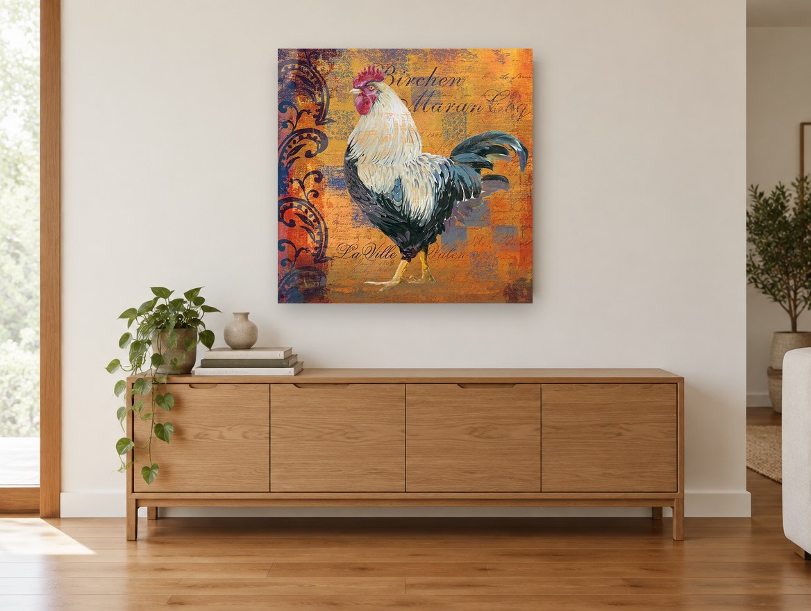 Rooster on Amber Script animal canvas print on the wall of a living room above a sideboard