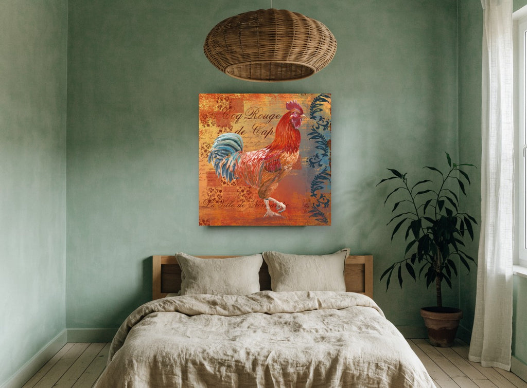 Red Rooster Normandy animal canvas print on the wall of a bedroom