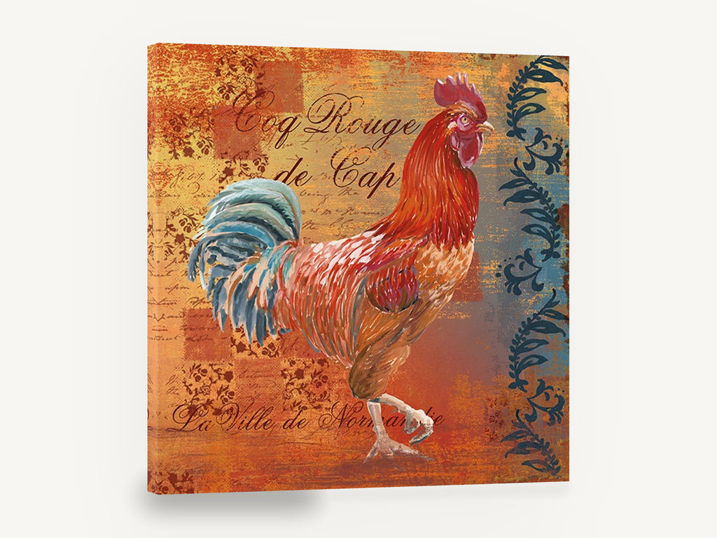 Red Rooster Normandy, red rooster french script illustration, animal canvas wall art print ready to hang