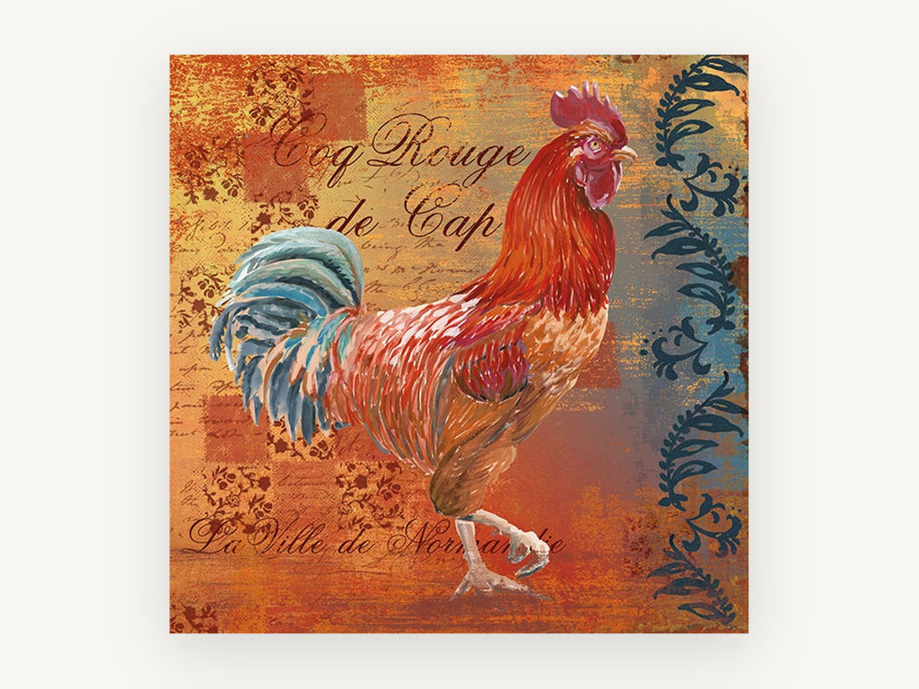 Red Rooster Normandy, red rooster french script illustration, animal canvas wall art print, front view