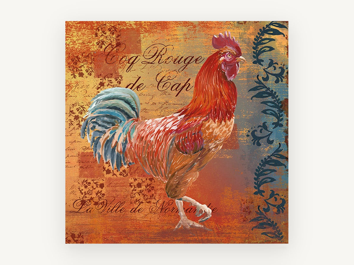 Red Rooster Normandy, red rooster french script illustration, animal canvas wall art print, front view