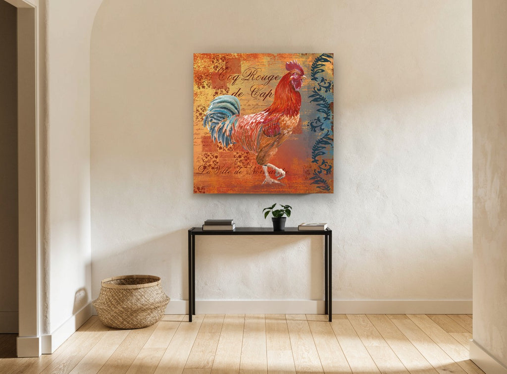Red Rooster Normandy animal canvas print on the wall of a hallway