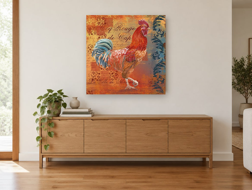 Red Rooster Normandy animal canvas print on the wall of a living room above a sideboard