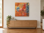 Red Rooster Normandy animal canvas print on the wall of a living room above a sideboard