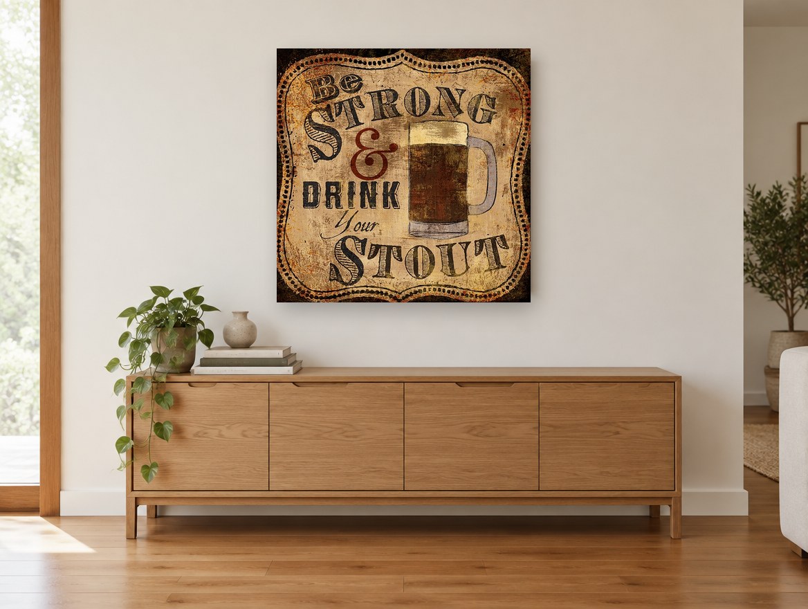 Strong and Stout Sign kitchen canvas print on the wall of a living room above a sideboard
