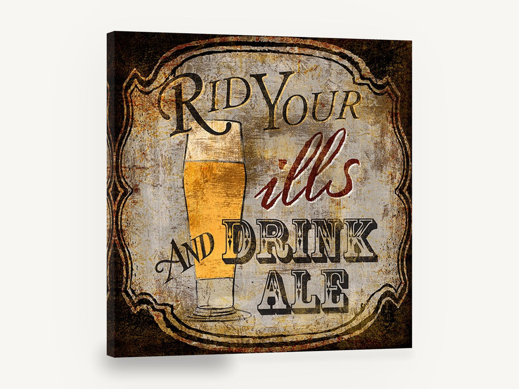 Rid Your Ills Ale, beer glass typography pub sign, kitchen canvas wall art print ready to hang