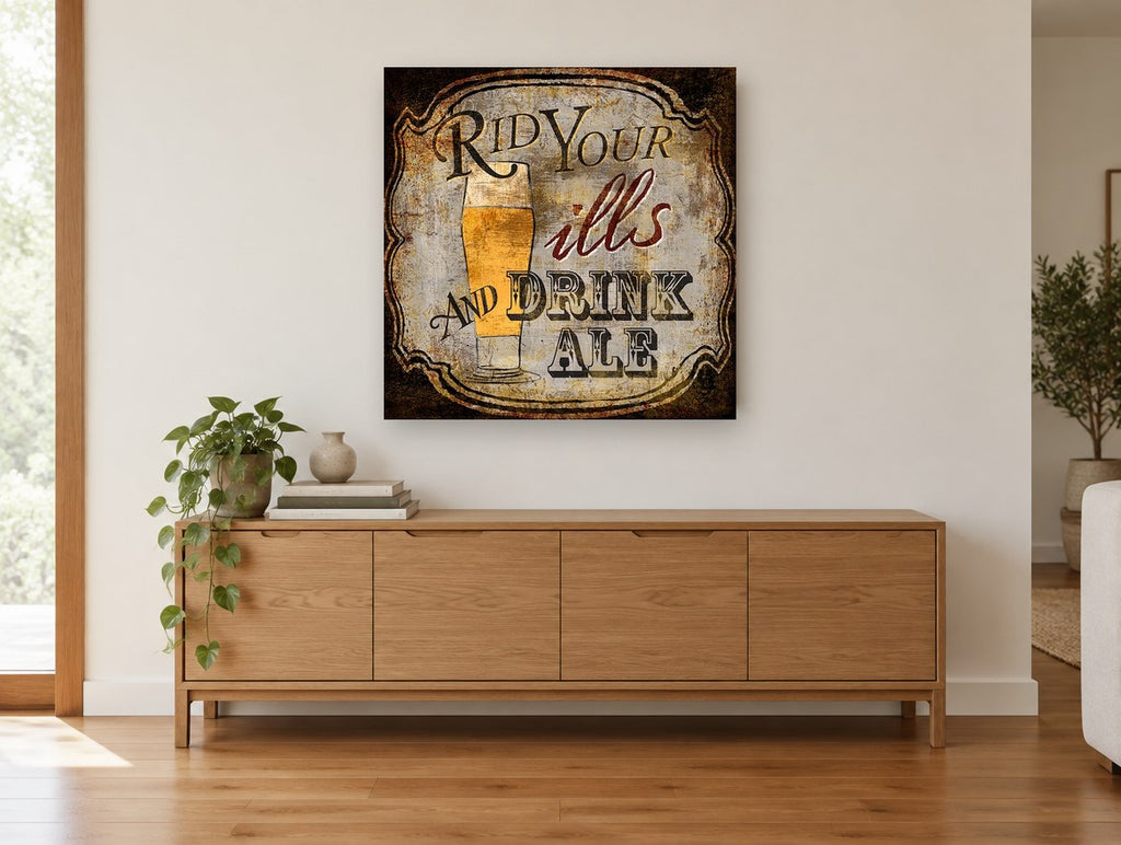 Rid Your Ills Ale kitchen canvas print on the wall of a living room above a sideboard