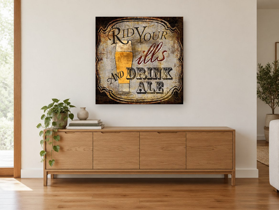Rid Your Ills Ale kitchen canvas print on the wall of a living room above a sideboard