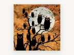 Owls and Black Cat, owls and black cat moon illustration, animal canvas wall art print, front view