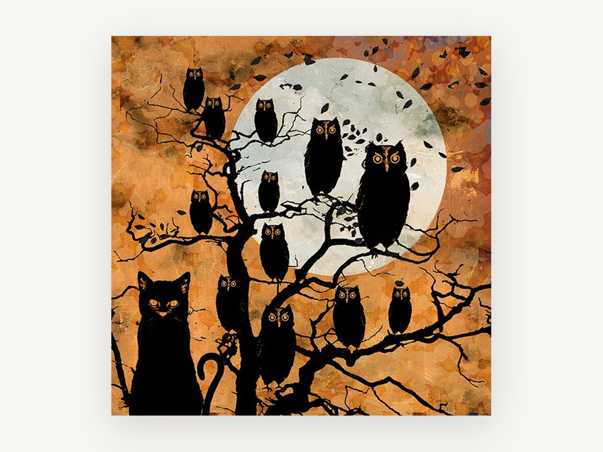 Owls and Black Cat, owls and black cat moon illustration, animal canvas wall art print, front view