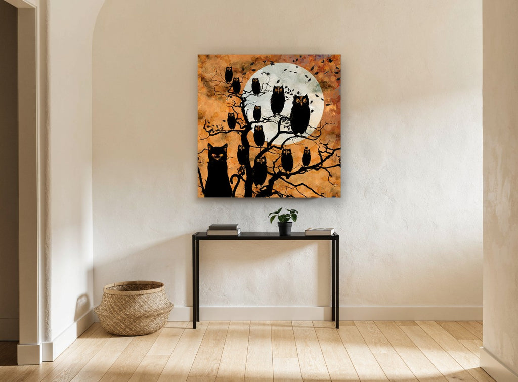 Owls and Black Cat animal canvas print on the wall of a hallway