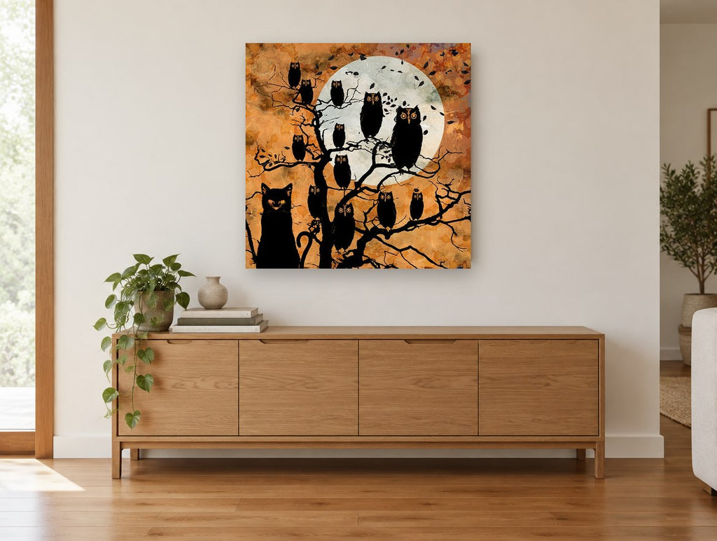 Owls and Black Cat animal canvas print on the wall of a living room above a sideboard