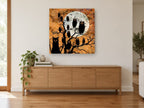 Owls and Black Cat animal canvas print on the wall of a living room above a sideboard