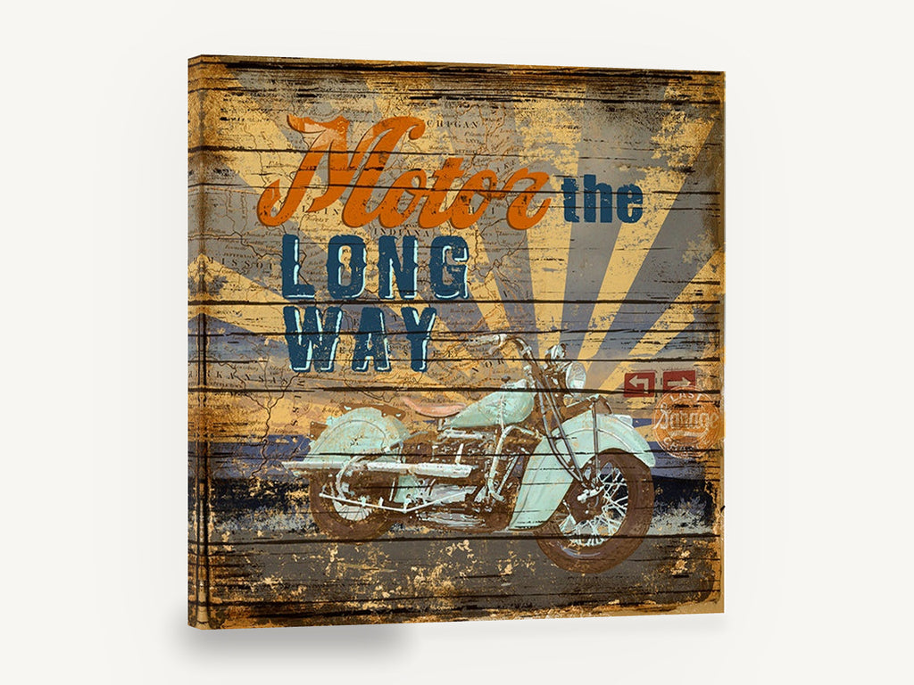 Motor the Long Way, retro motorcycle typography wood sign, stretched canvas wall art print ready to hang