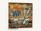 Motor the Long Way, retro motorcycle typography wood sign, stretched canvas wall art print ready to hang