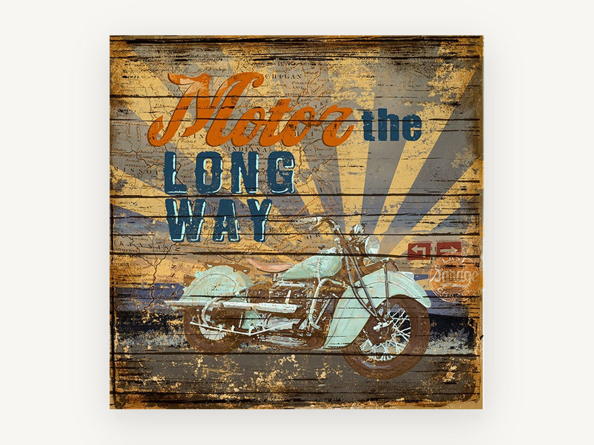 Motor the Long Way, vintage canvas wall art print, front view