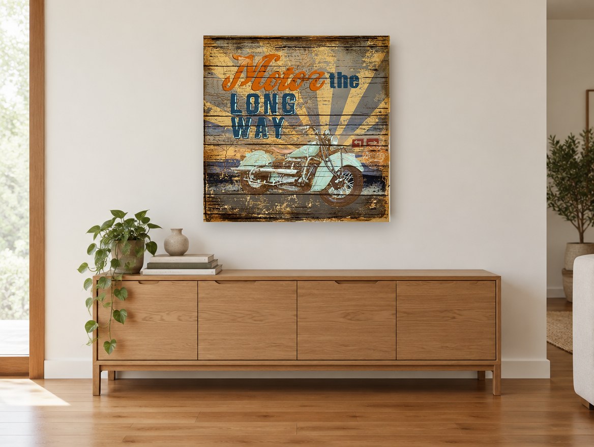 Motor the Long Way vintage canvas print on the wall of a living room above a sideboard