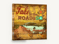 Take to the Road, retro classic car road trip sign, stretched canvas wall art print ready to hang