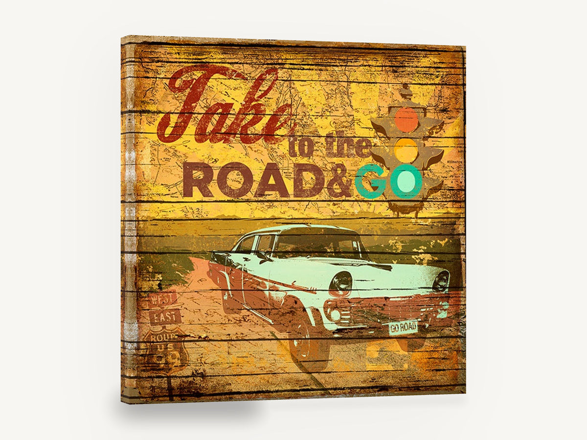 Take to the Road, retro classic car road trip sign, stretched canvas wall art print ready to hang