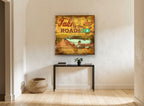Take to the Road vintage canvas print on the wall of a hallway