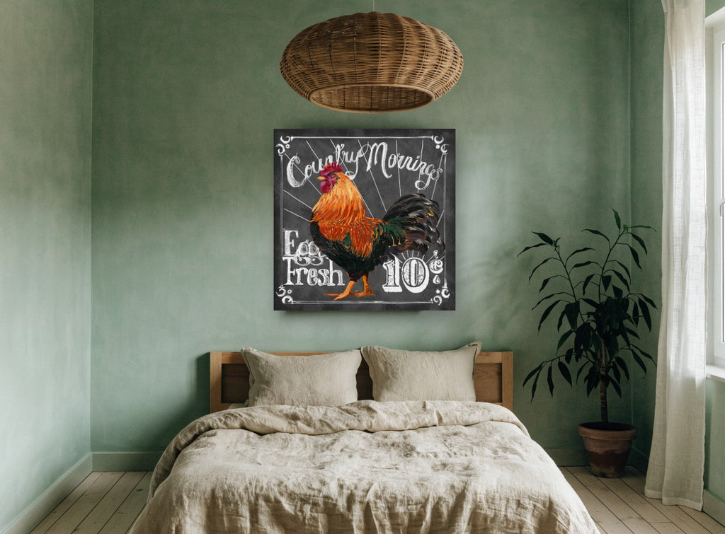 Country Mornings Rooster animal canvas print on the wall of a bedroom