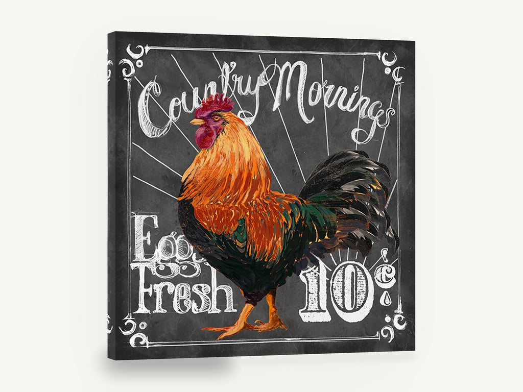 Country Mornings Rooster, rooster chalkboard sign illustration, animal canvas wall art print ready to hang