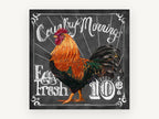Country Mornings Rooster, rooster chalkboard sign illustration, animal canvas wall art print, front view