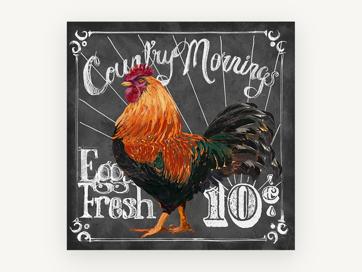 Country Mornings Rooster, rooster chalkboard sign illustration, animal canvas wall art print, front view